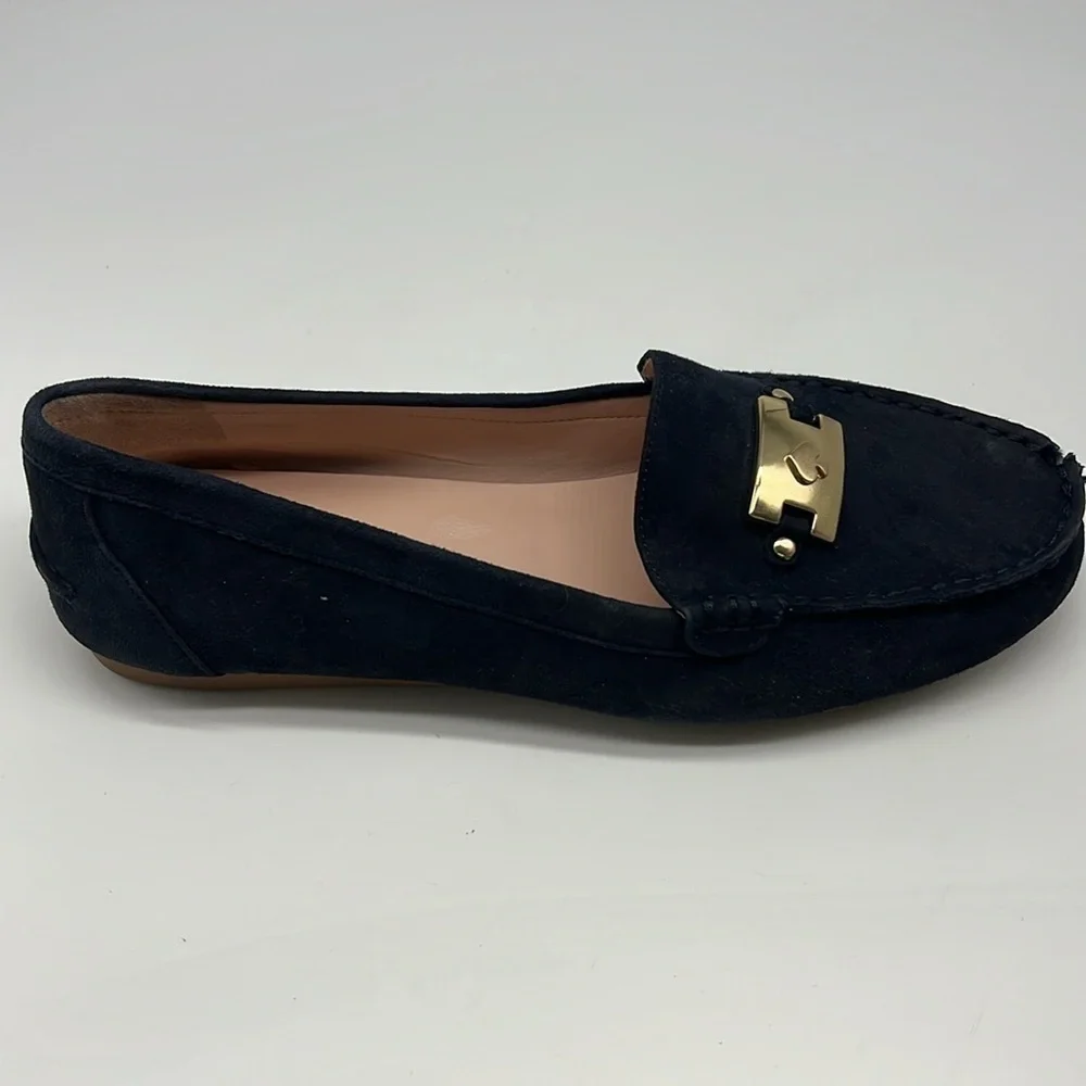 Kate Spade - Carmen Navy Suede Gold Logo Round Toe Driving Loafer Size 8